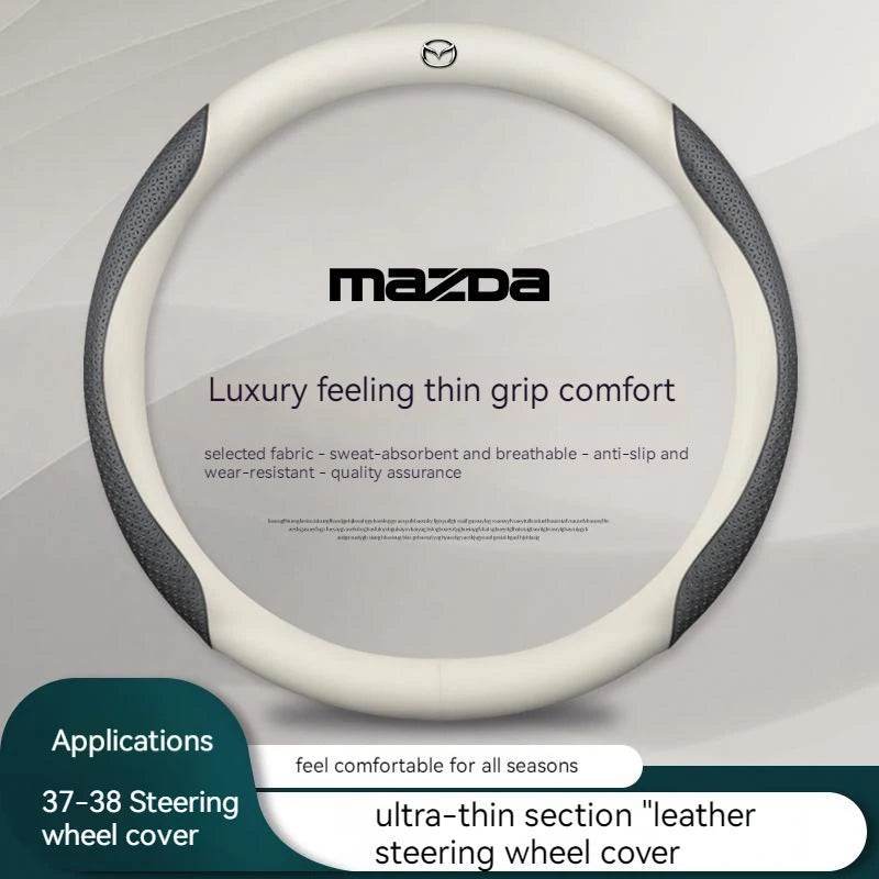 Mazda Carbon Fiber Leather Steering Wheel Cover - Leather white