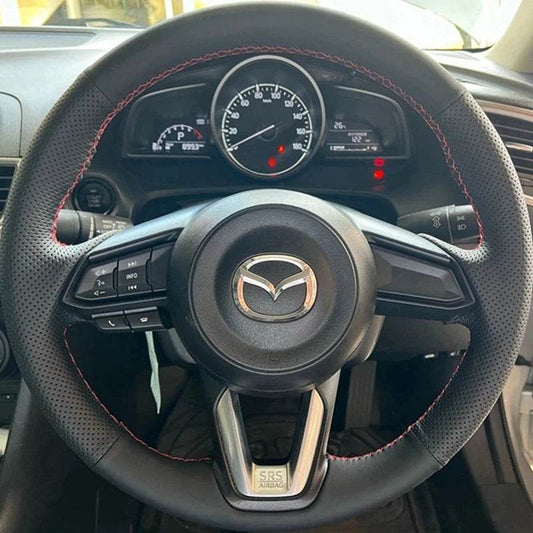 Mazda DIY Black Faux Leather Steering Wheel Cover - Red Thread