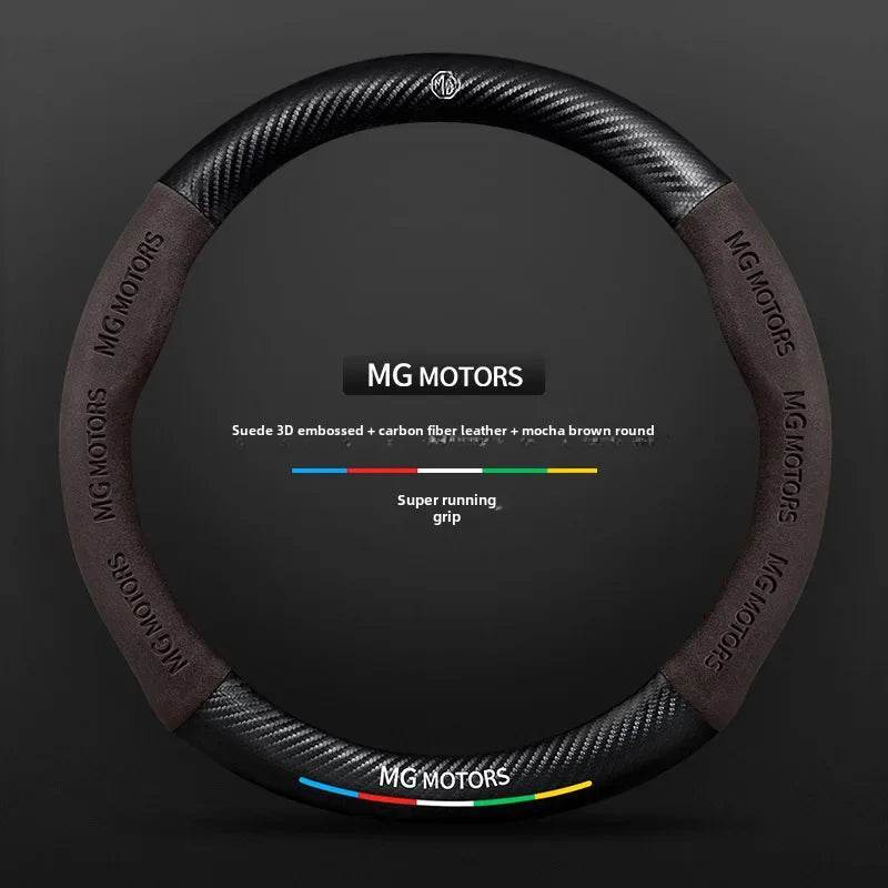 MG Accessories + Carbon Fiber & Wooden Steering Wheel Covers | Scorpion Seat Emblem, Necklace, Wooden Lantern - Mocha Brown D-shaped