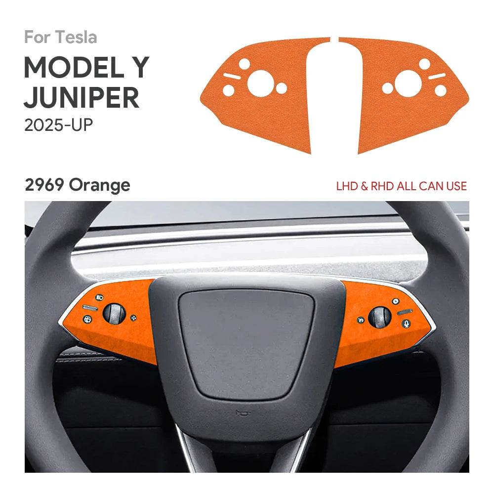 Tesla Model Y Steering Wheel Trim | Italian Suede Panel Stickers (2025+) - Sides Orange