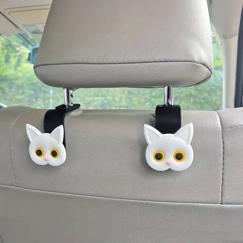 Universal 2pcs 3D Cat Car Seat Headrest Hooks - Vehicle Storage - White 2pcs