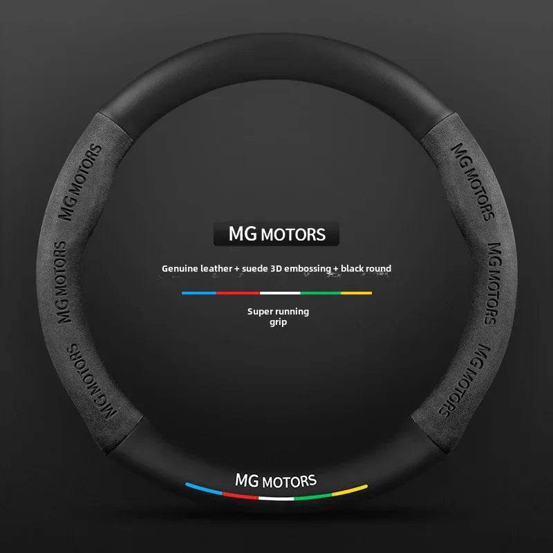MG Carbon Fiber & Suede Steering Wheel Cover - Black Leather round