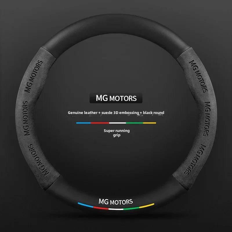 MG Carbon Fiber & Suede Steering Wheel Cover - Black Leather round