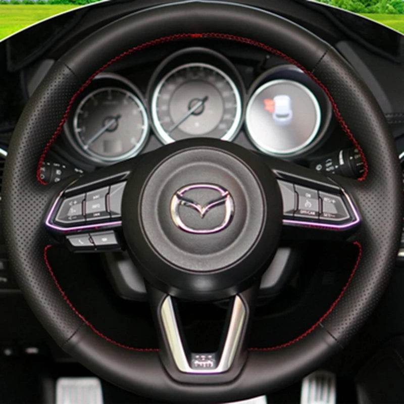 DIY Black Microfiber Leather Steering Wheel Cover for Mazda 3/6 Axela, Atenza, CX-3, CX-5, CX-9 (2017–2018) - Black Thread