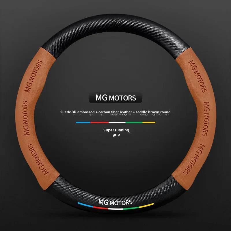 MG Accessories + Carbon Fiber & Wooden Steering Wheel Covers | Scorpion Seat Emblem, Necklace, Wooden Lantern - Mocha Brown D-shaped