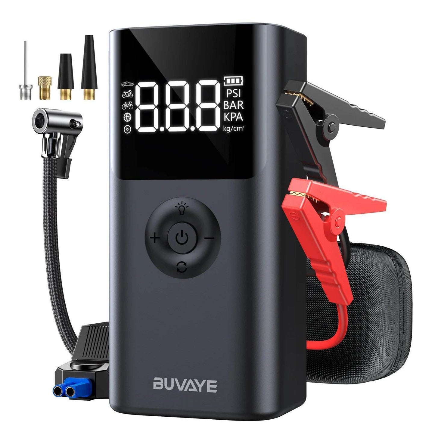 BUVAYE 2500A Portable Car Jump Starter 4-in-1 – 12V Battery Booster with 150PSI Air Pump for Gasoline & Diesel Engines - black