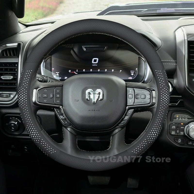 RAM Anti-Slip Leather Steering Wheel Cover - Round Shape / White