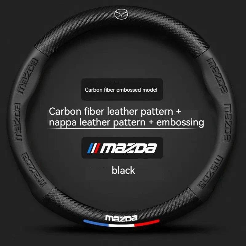 Mazda Carbon Fiber Leather Steering Wheel Cover – Fits 3, 5, 6, CX-5, CX-30, MX-5, RX-8, BT-50 - Carbon fiber