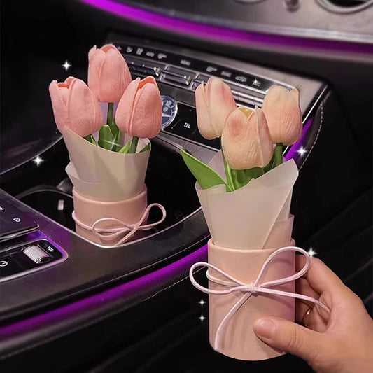 Cute Tulip Car Dashboard Ornament – Mini Flower Bouquet Decor