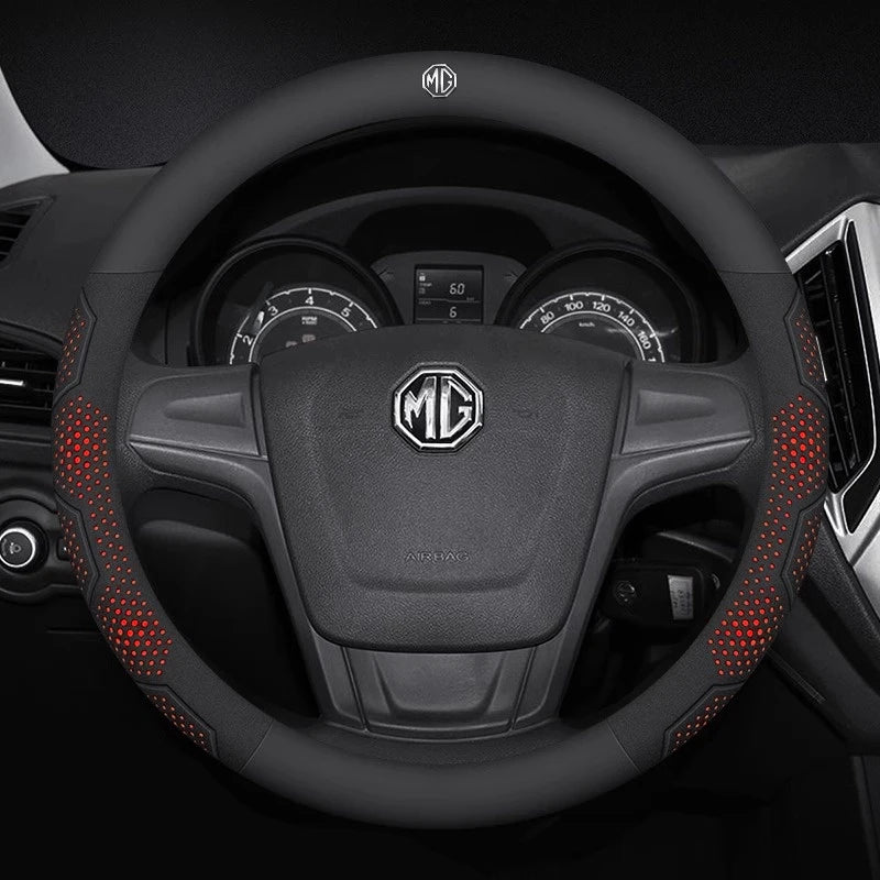 MG Carbon Fibre Steering Wheel Cover - Round Shape / Leather Red