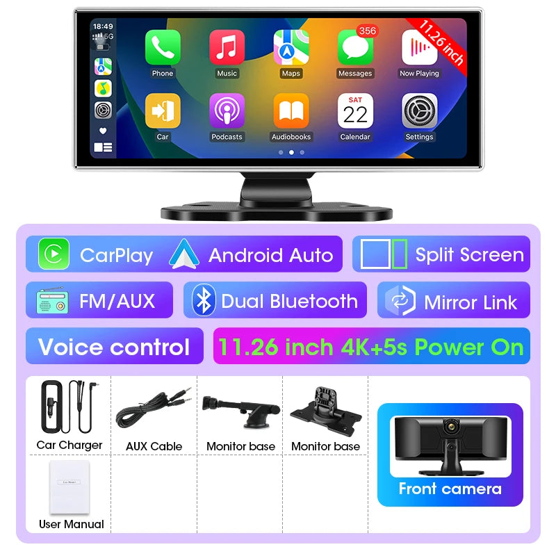 10"/11.26" 4K Dash Cam Car DVR with Wireless CarPlay & Android Auto – GPS Navigation, Dual Lens, WiFi, FM, AUX