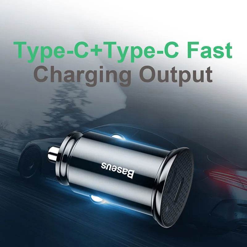 Baseus 30W Car Charger Dual USB-C | Fast PD Charging for iPhone, Samsung, Xiaomi -
