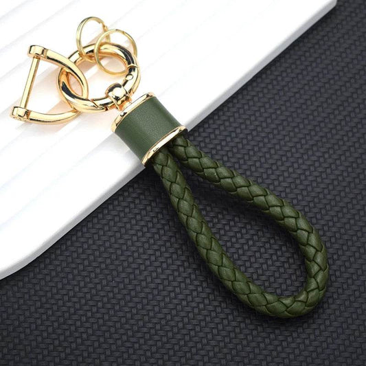 Braided Leather Keychain Loop with Metal Ring - Golden - Green