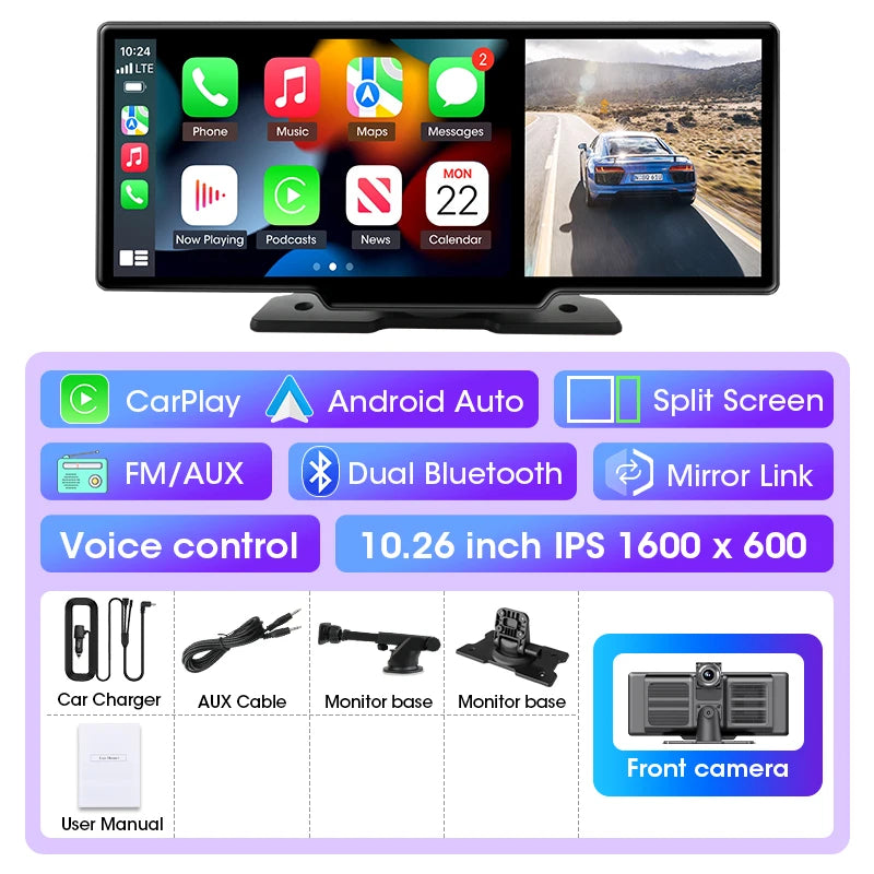 10"/11.26" 4K Dash Cam Car DVR with Wireless CarPlay & Android Auto – GPS Navigation, Dual Lens, WiFi, FM, AUX