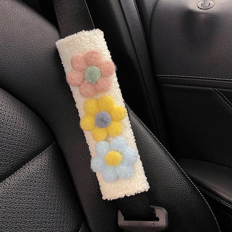 Plush Lamb Car Seat Belt Shoulder Pads - Soft Flower Design