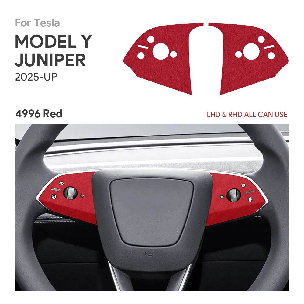 Tesla Model Y Steering Wheel Trim | Italian Suede Panel Stickers (2025+) - Sides Red