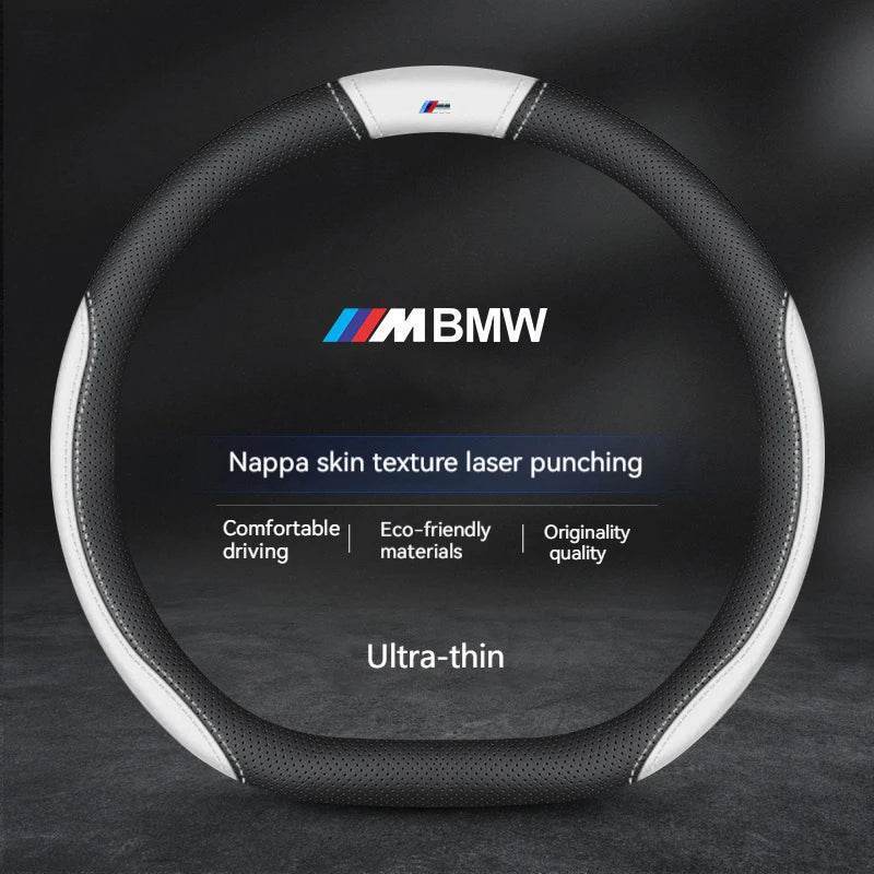 BMW Carbon Fiber Suede Leather Steering Wheel Cover - D-M Style A white