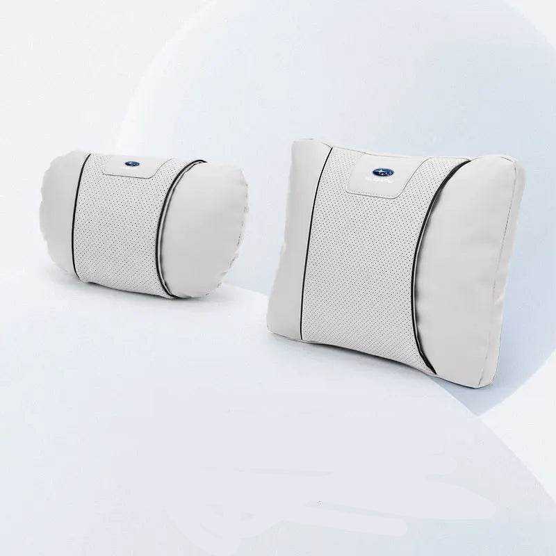 Subaru Leather Car Neck Pillow & Lumbar Support - set white