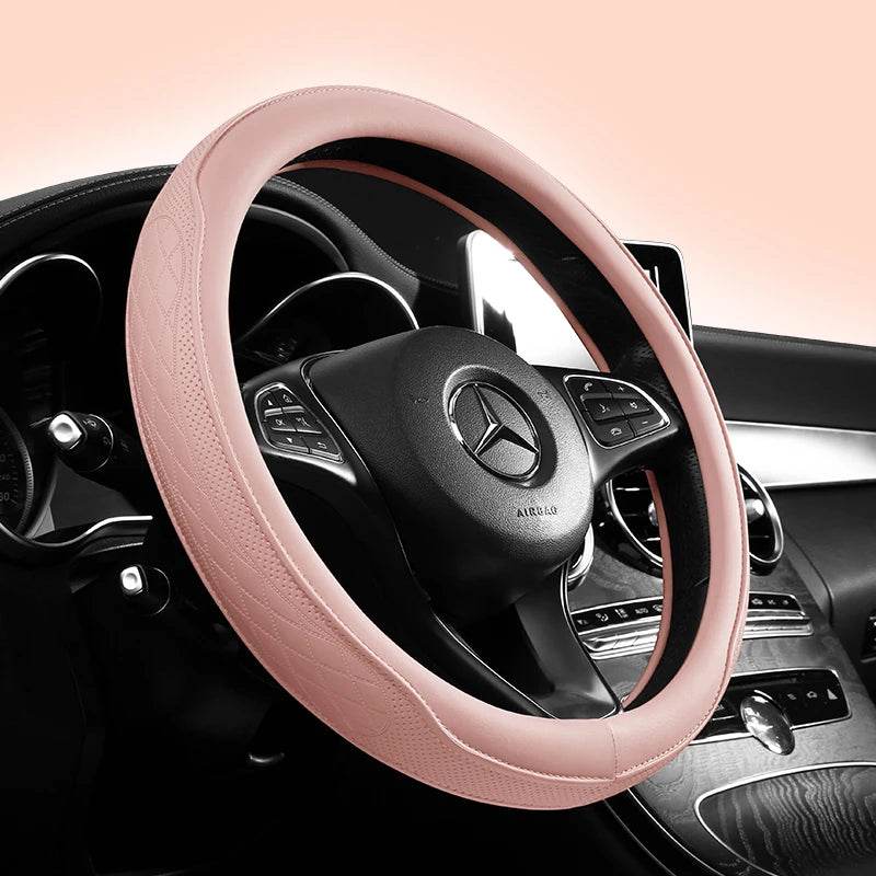 Leather Car Steering Wheel Cover – Universal Fit, 15 Inch (38 cm) - Beige