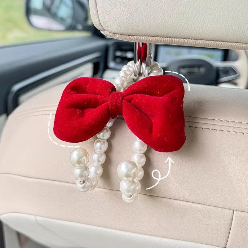 2PCS White Pearl Bow Car Headrest Hooks