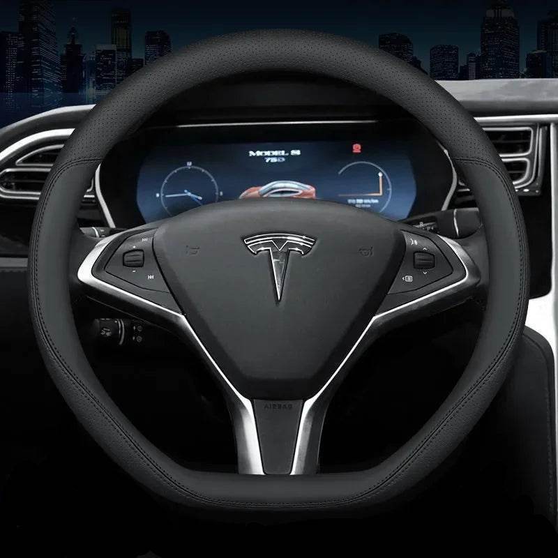 Tesla Premium Leather Steering Wheel Cover - 38 D BLACK