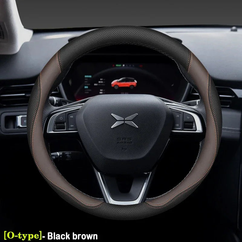 XPeng Ultra-Thin Leather Steering Wheel Cover - Round Shape / Black & Brown