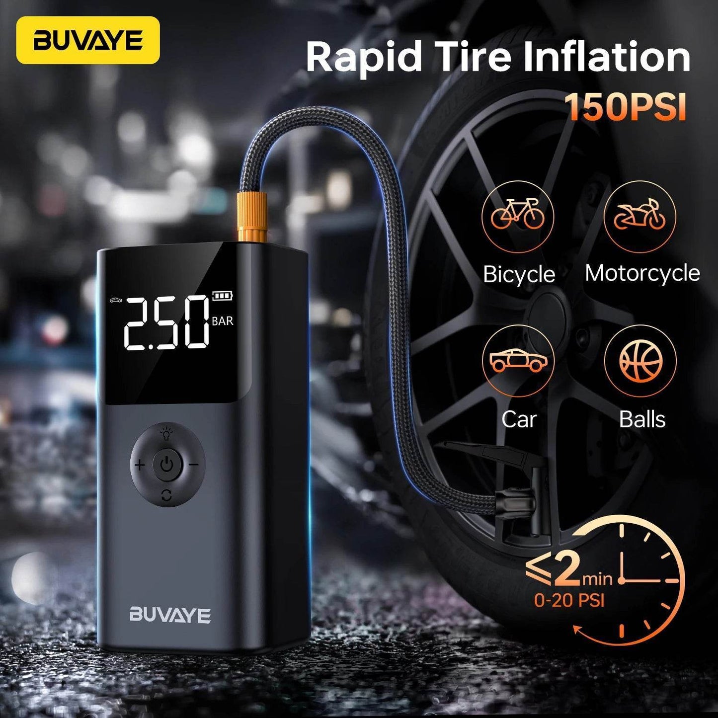 BUVAYE 2500A Portable Car Jump Starter 4-in-1 – 12V Battery Booster with 150PSI Air Pump for Gasoline & Diesel Engines - black