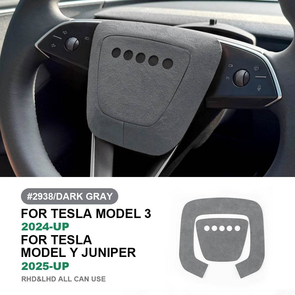 Tesla Model Y Steering Wheel Trim | Italian Suede Panel Stickers (2025+) - Grey Steering Wheel