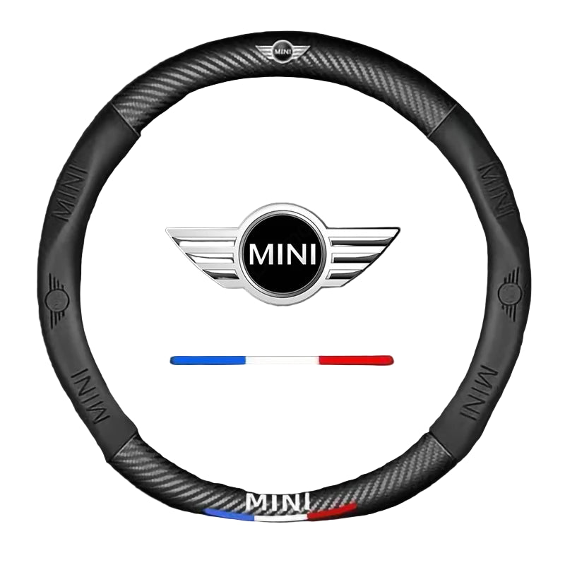 Black steering wheel cover with MINI logo on a dark background