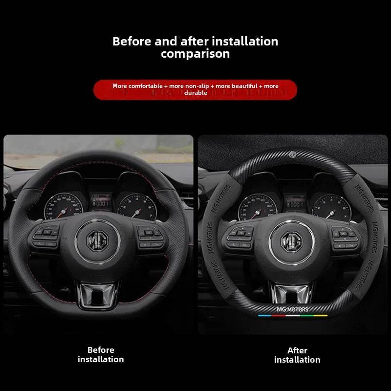 MG Carbon Fiber & Suede Steering Wheel Cover - Black Leather round