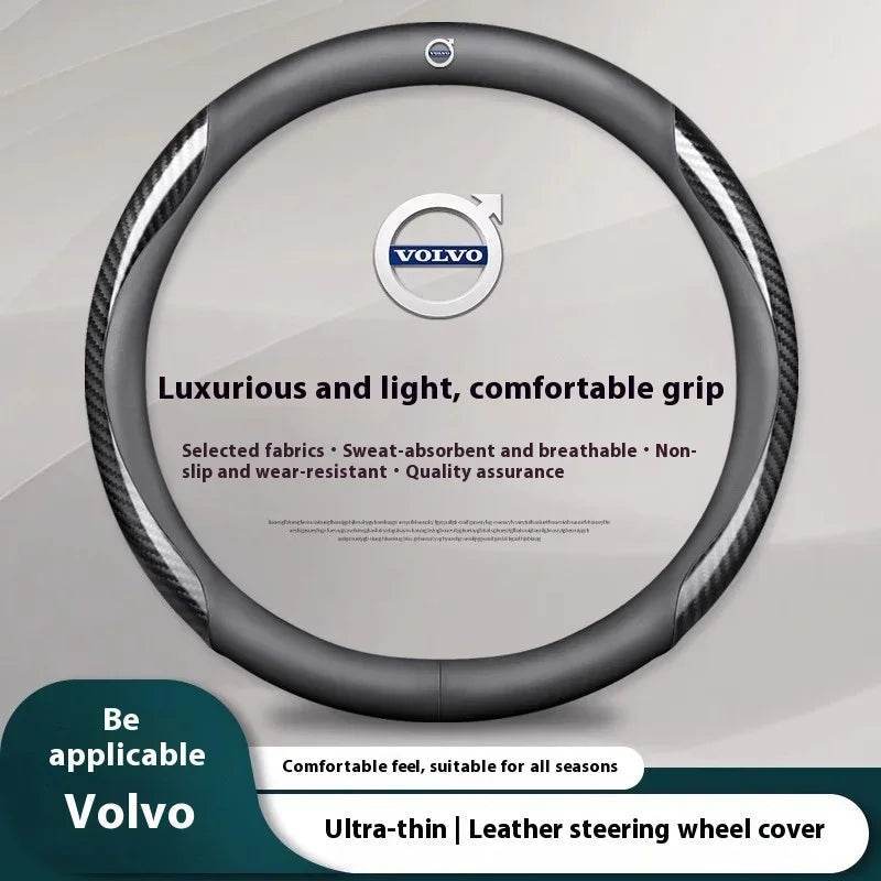 Volvo Carbon Fiber Leather Steering Wheel Cover - Carbon fiber black