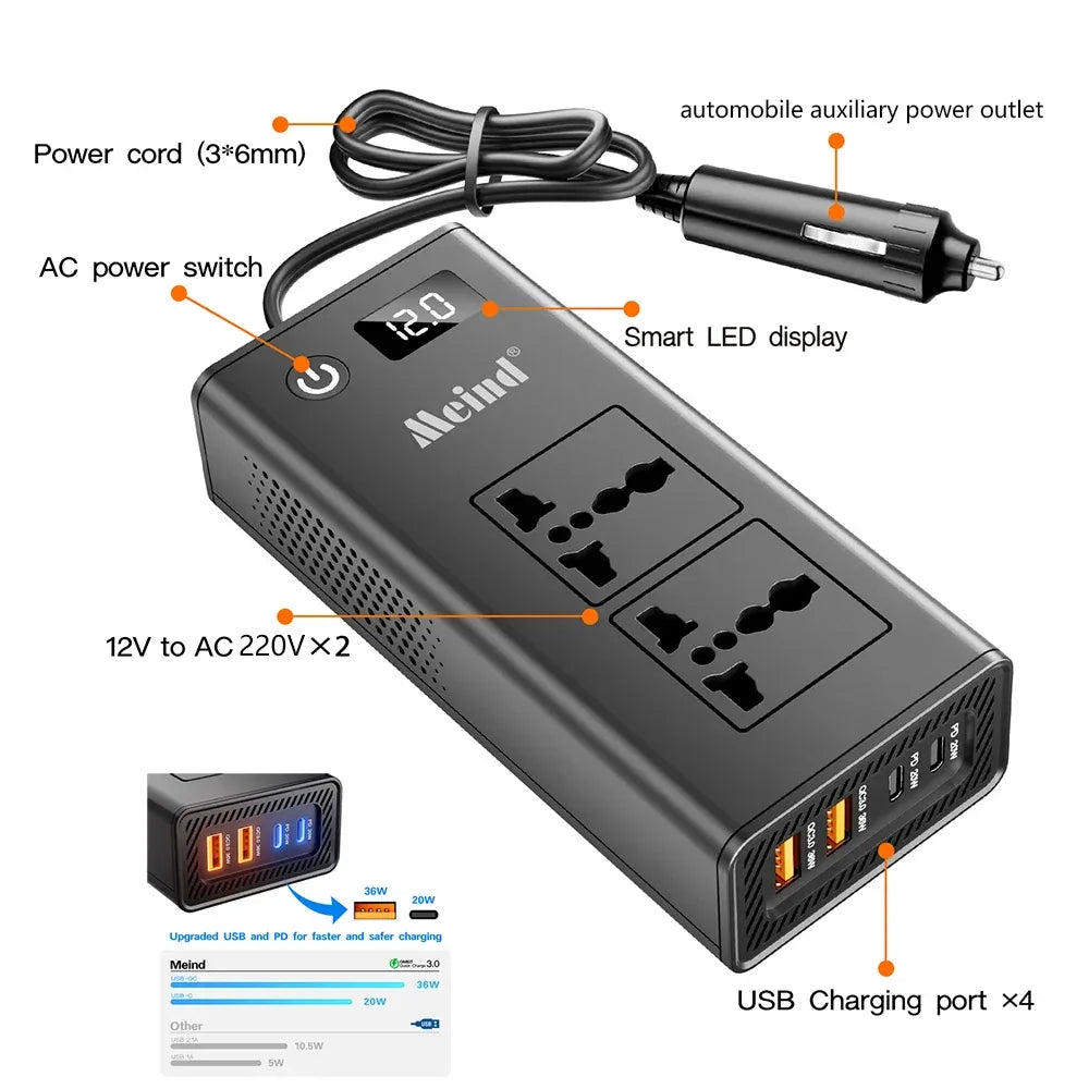 200W Car Power Inverter 12V DC to 220V AC 2 Sockets 4 QC3.0 USB Ports - Universal-socket