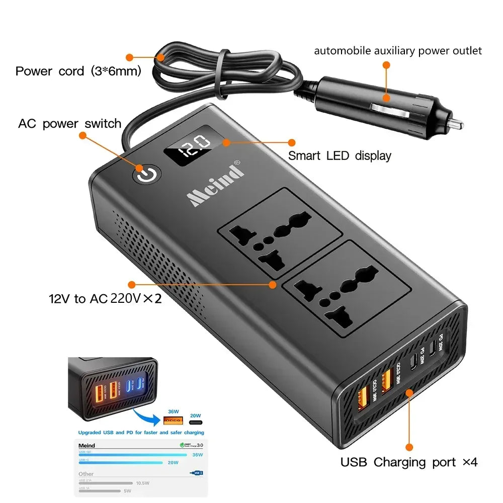 PowerDrive 200W Car Power Inverter 12V to 220V AC 2 Sockets 4 USB QC3.0 - Universal-socket
