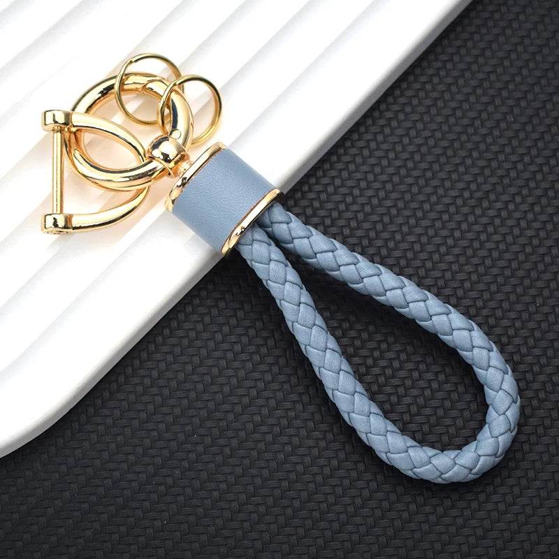 Braided Leather Keychain Loop with Metal Ring - Golden - Blue