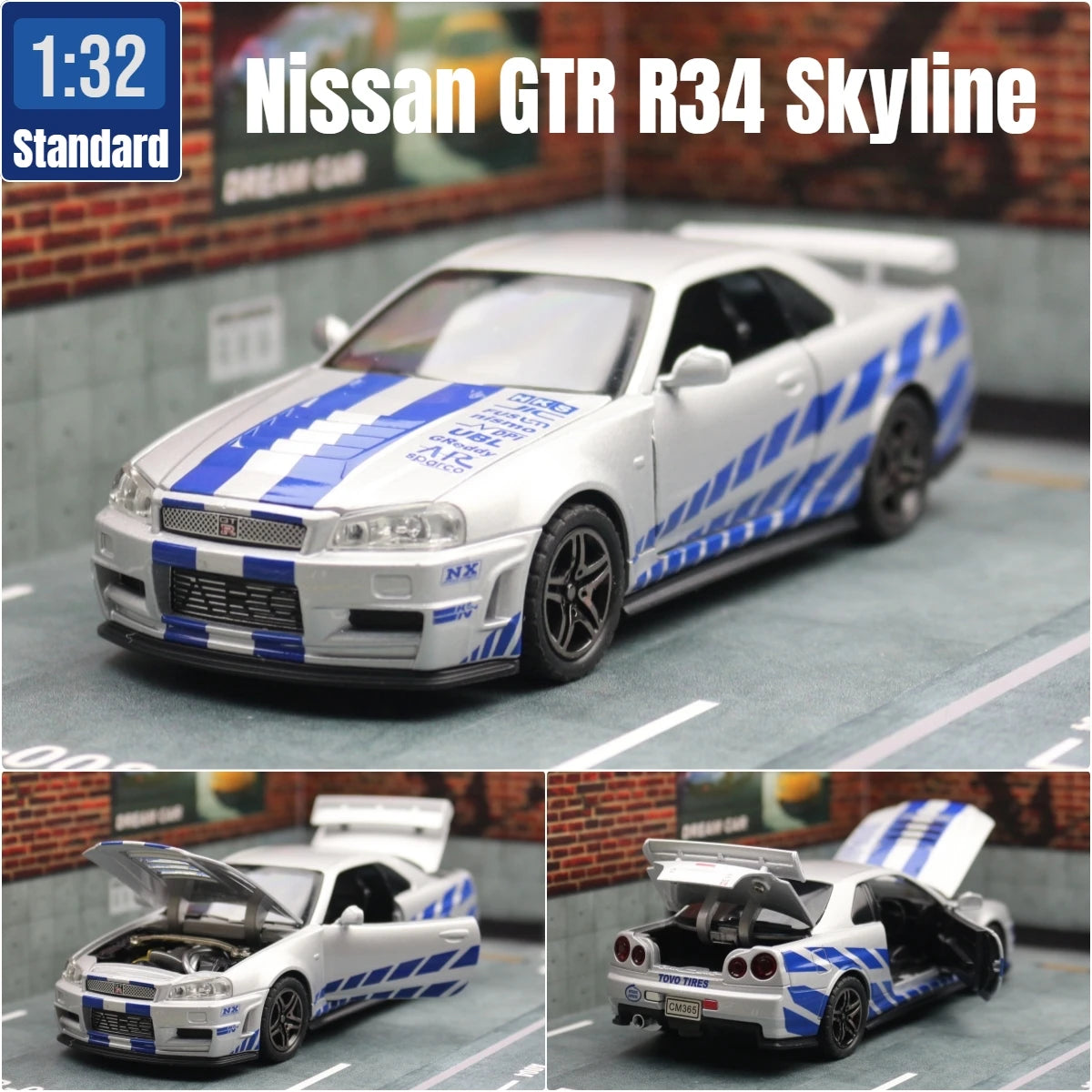 Nissan Skyline GTR R34 – 1:32 Diecast Car Toy with Light & Sound - Standard Silver
