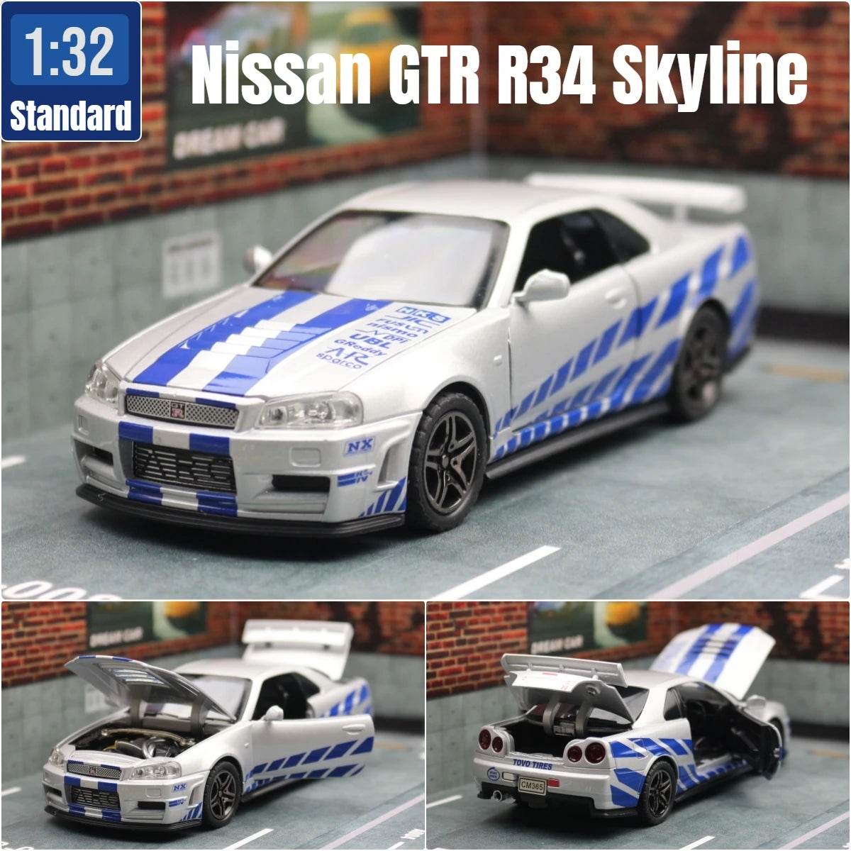 Nissan Skyline GTR R34 – 1:32 Diecast Car Toy with Light & Sound - Black