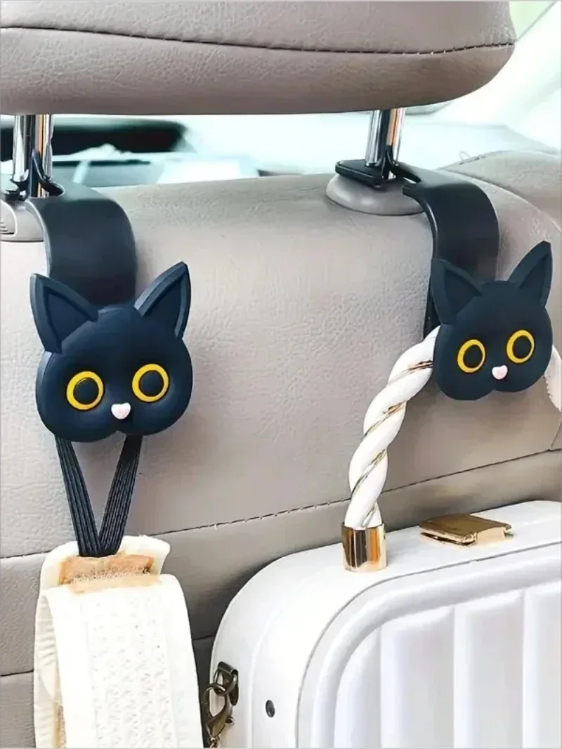 Universal 2pcs 3D Cat Car Seat Headrest Hooks - Vehicle Storage - Black 2pcs
