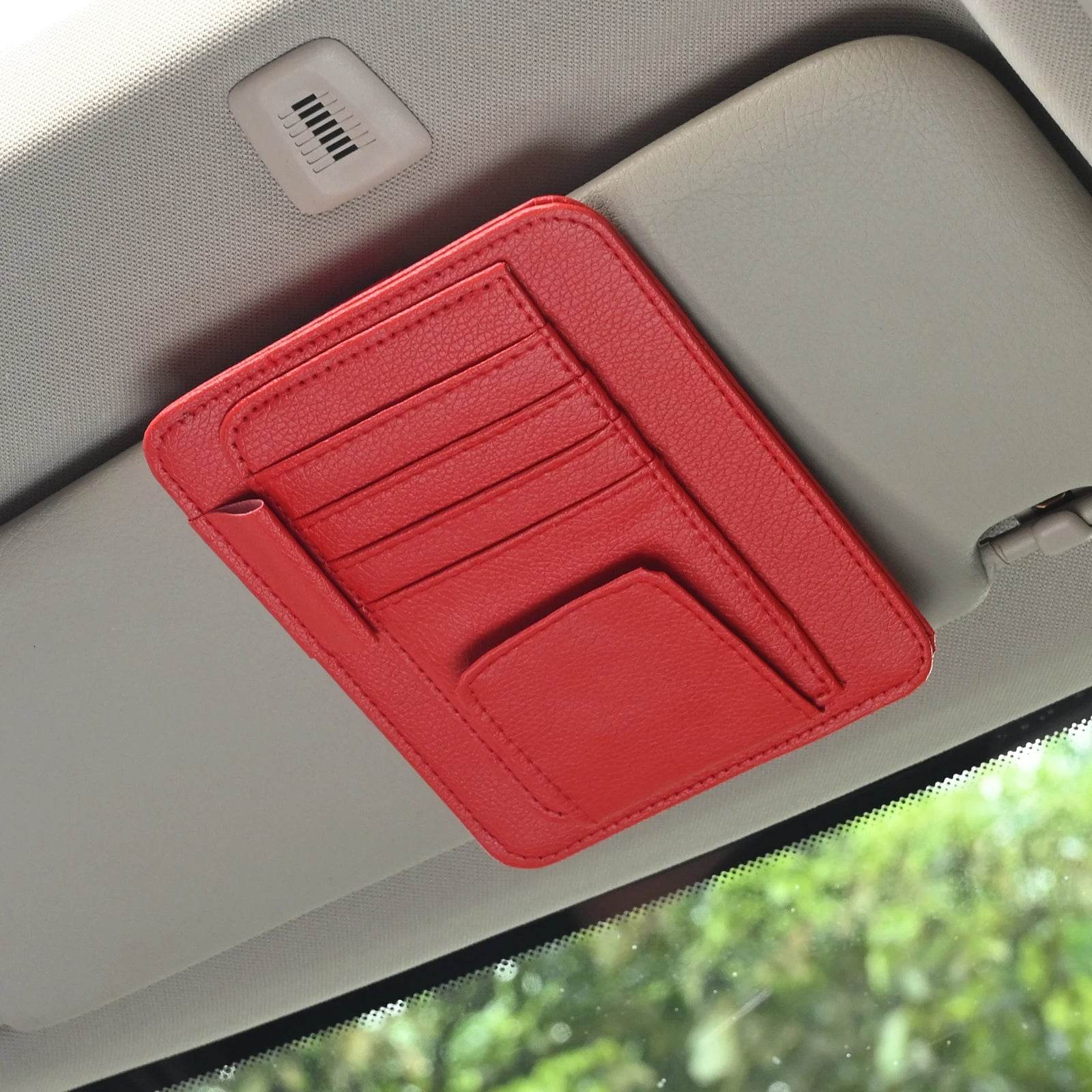 Multi-Pocket Car Visor Organizer – for Cards, Glasses & Essentials - Red