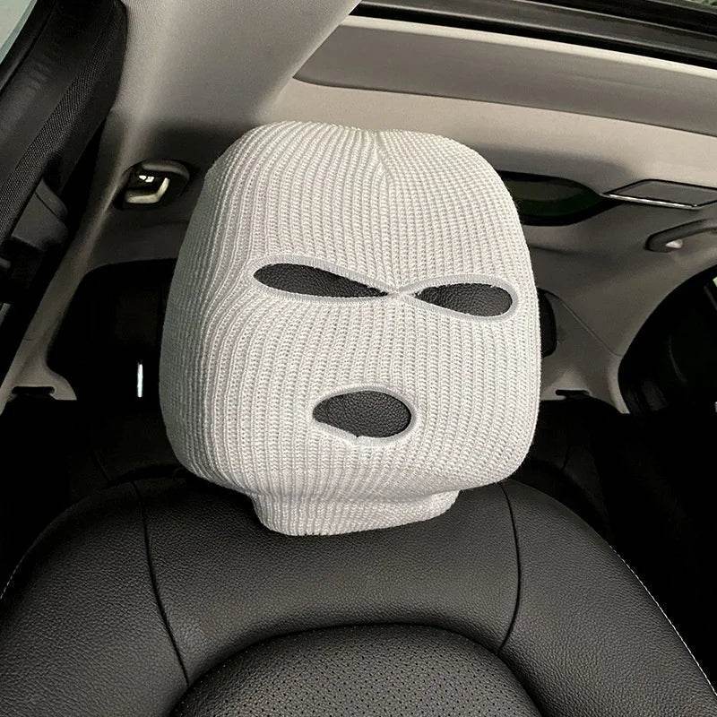 3-Hole Funny Car Seat Headrest Cover – Full Face Ski Mask Design - White