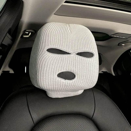 3-Hole Funny Car Seat Headrest Cover – Full Face Ski Mask Design - White
