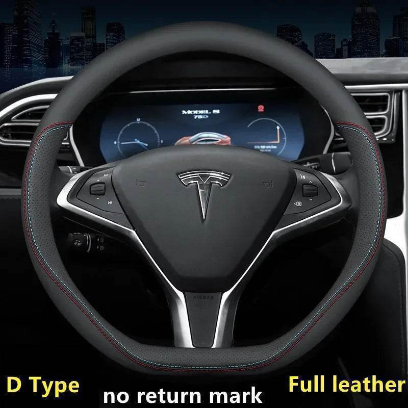 Tesla Premium Leather Steering Wheel Cover - 36 O BLACK