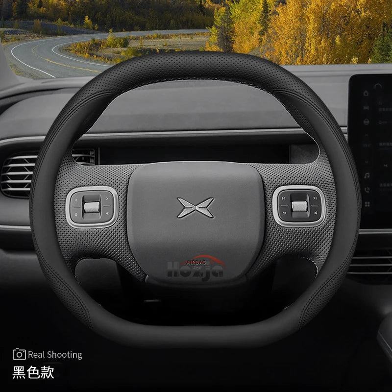 XPeng Twin-Stitch Double-D Steering Wheel Cover - Double D Shape / Black