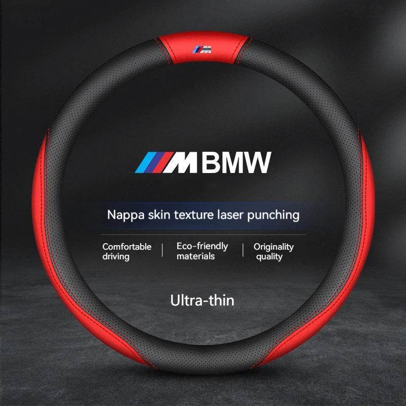 BMW Carbon Fiber Suede Leather Steering Wheel Cover - O-M Style A red
