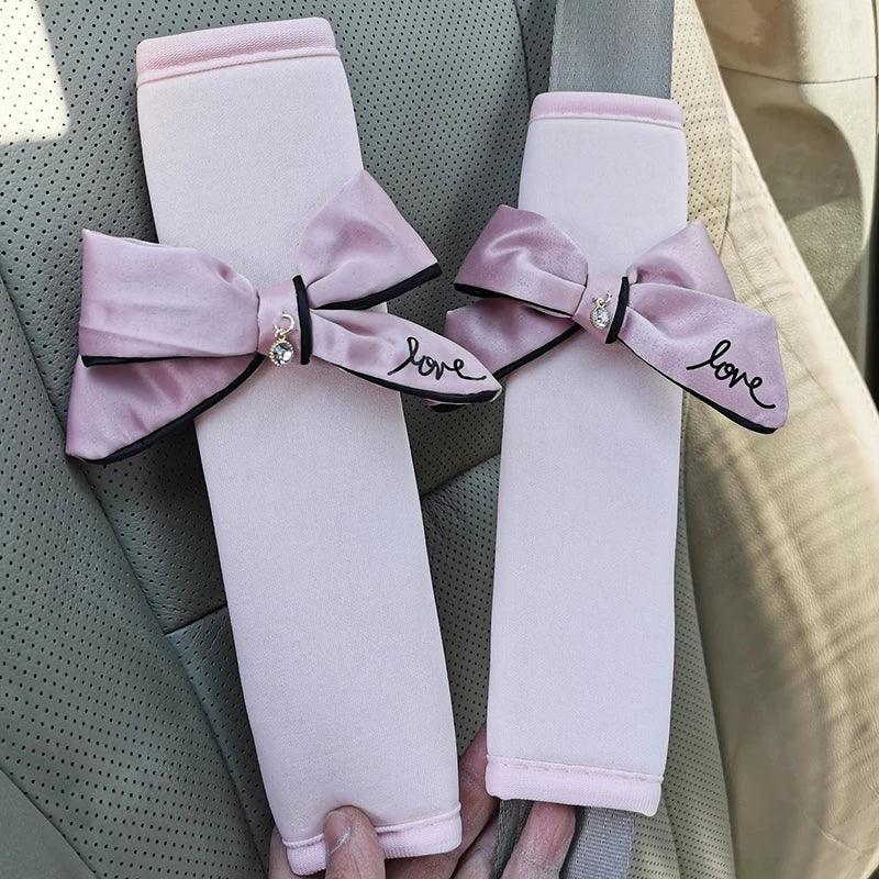2pcs Pink Bow Tie Seat Belt Shoulder Pad Covers Car Interior