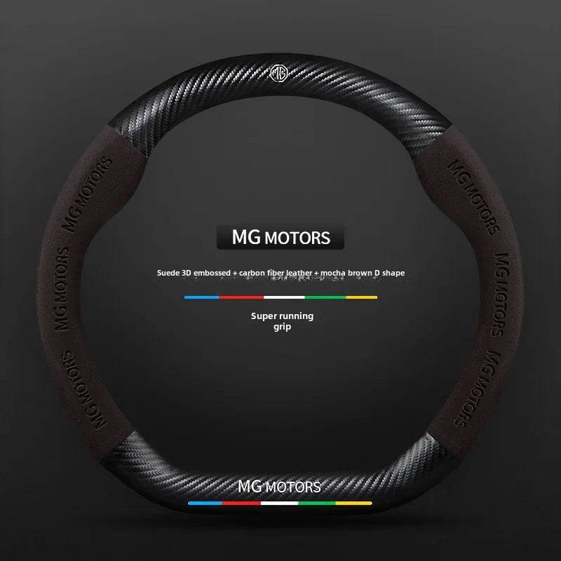 MG Carbon Fiber & Suede Steering Wheel Cover - Brown D-shaped