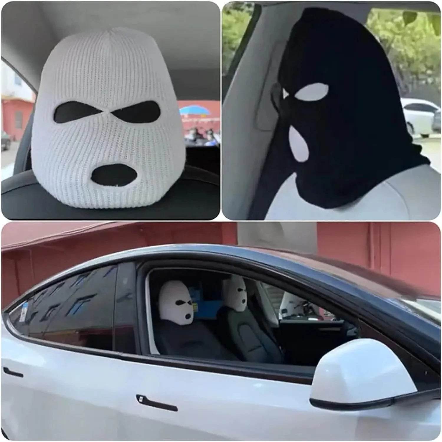 3-Hole Funny Car Seat Headrest Cover – Full Face Ski Mask Design - White