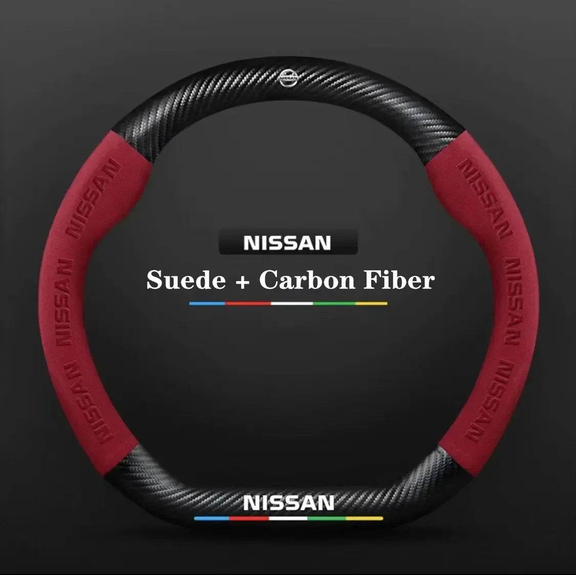 Nissan Carbon Fiber Suede Steering Wheel Cover - D Style Red