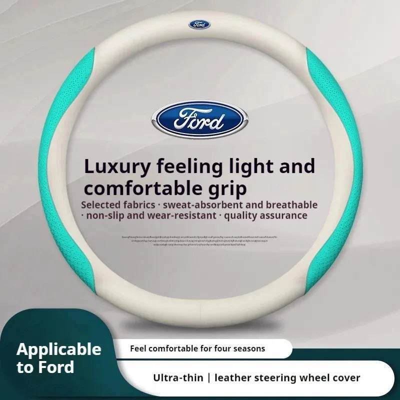 Ford Carbon Fiber Leather Steering Wheel Cover for Fits Mondeo, Focus, Raptor, F150, Fusion, Kuga & More - O White Style B