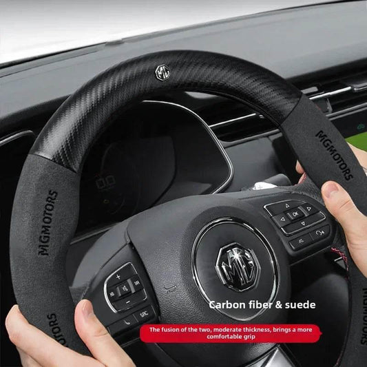 MG Carbon Fiber & Suede Steering Wheel Cover - Black Leather round