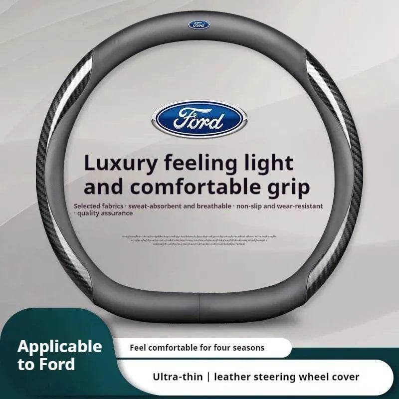 Ford Carbon Fiber Leather Steering Wheel Cover - D Black Style B